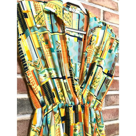 Sleeveless Aztec Design Collared V-Neck Elastic Waist Romper Sz M Pockets Flowy - Picture 2 of 7